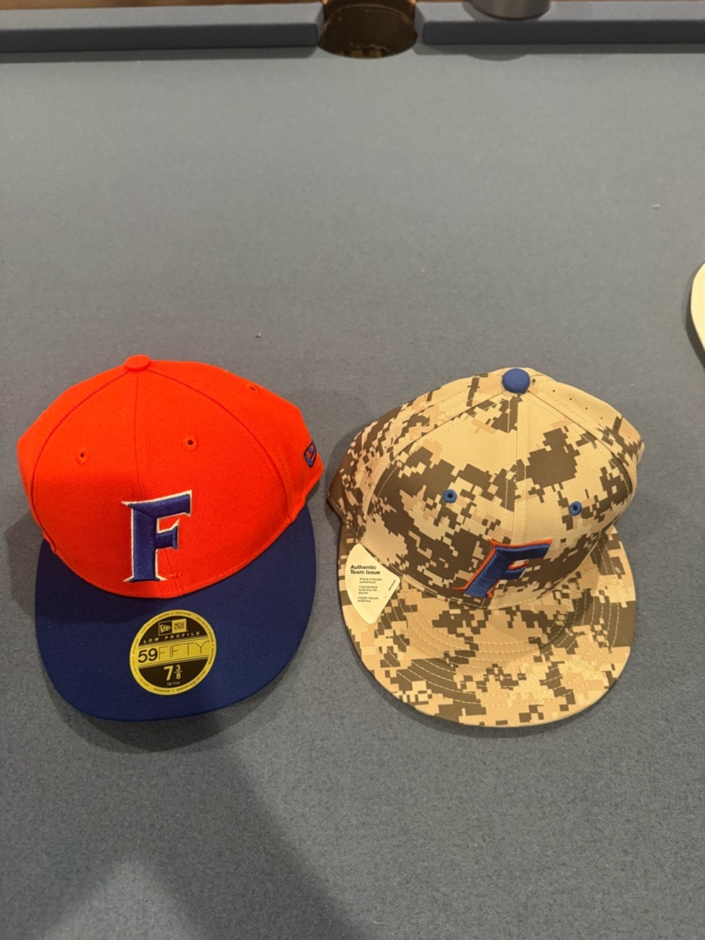 F Logo Flat-Brim Baseball Caps - Orange/Blue & Digital Cam. pack of 2